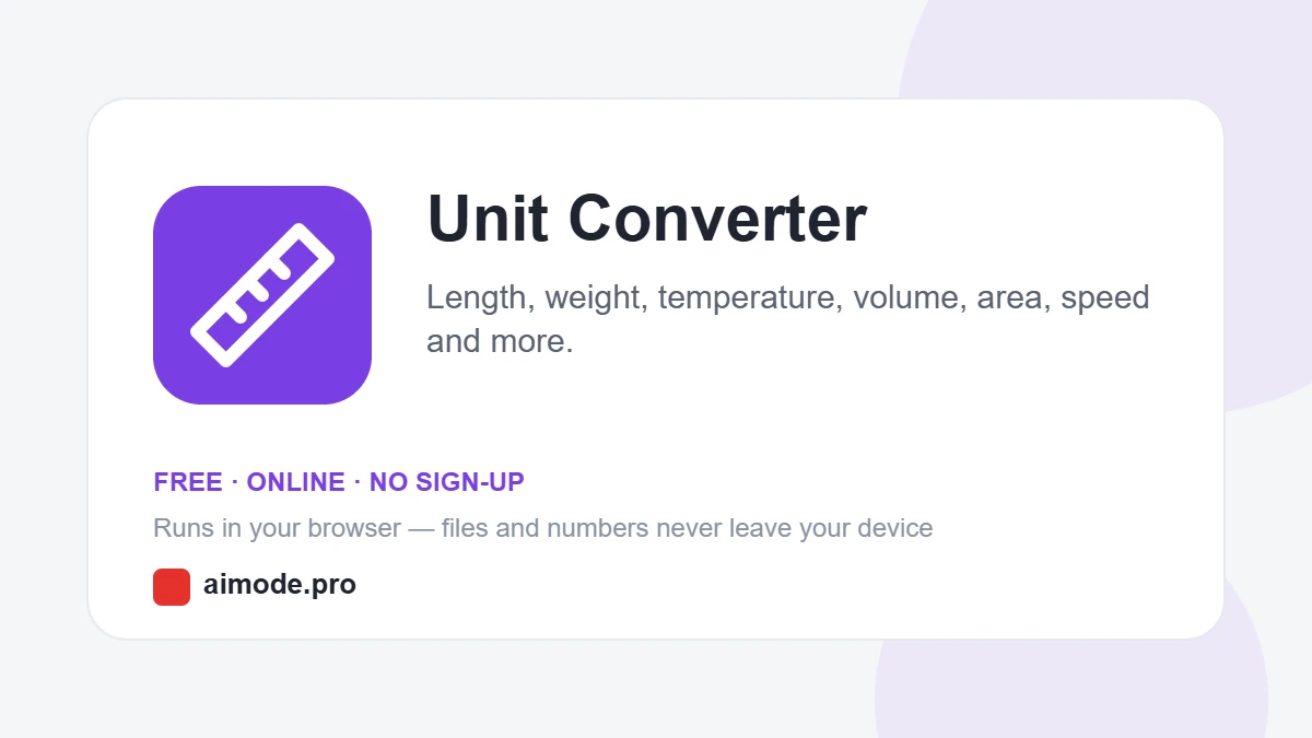 Free online unit converter by aimode.pro: length, weight, temperature, volume, area, speed and more
